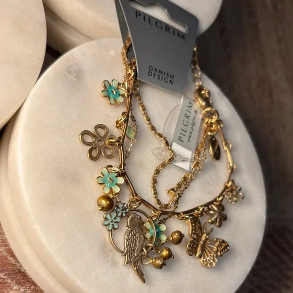 (#65) Pilgrim Gold Necklace with Green Floral Charms - Picture 3 of 4